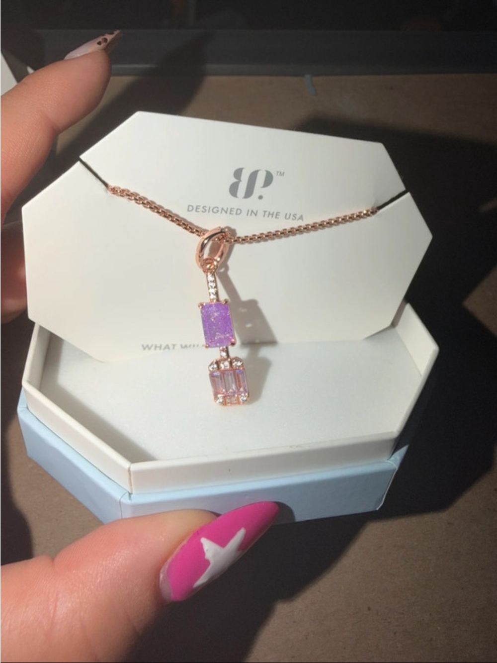 Rose Gold Necklace with Purple and Pink Gemstone Double Drop